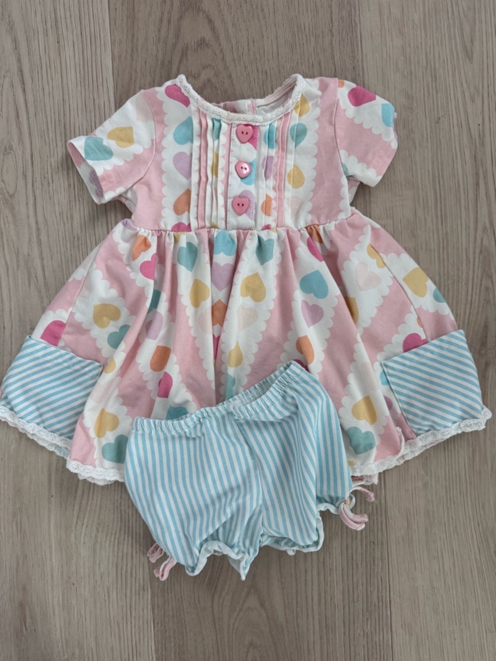 Sweethoney Pink Heart Print Baby Dress with Blue Striped Bloomers